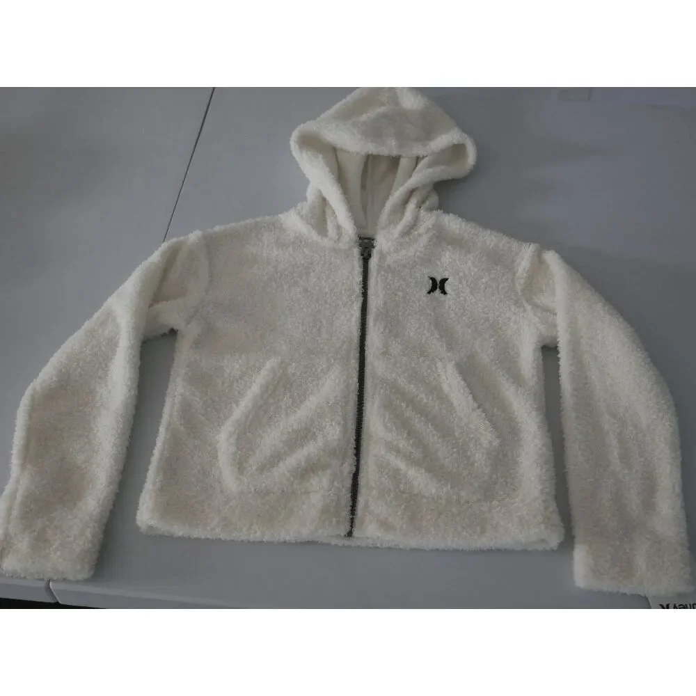 Hurley Girls’ Sherpa Zip Hoodie Jacket – KIDS Size 4 – White Fleece Hooded